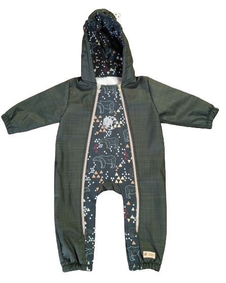 Monkey Mum® Dětská zimní softshellová kombinéza s beránkem - Khaki mysliveček s medvědem - vel.62/68, 74/80