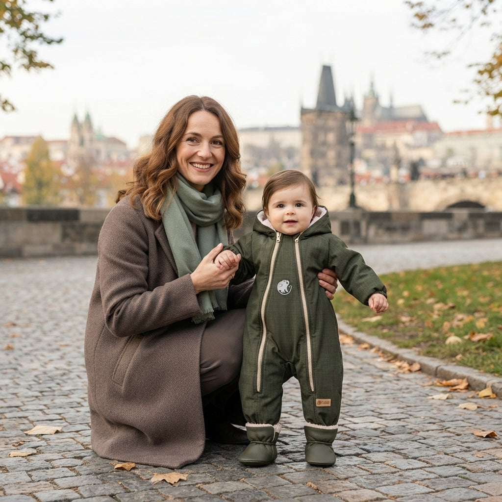 Monkey Mum® Dječji zimski softshell kombinezon s teddy podstavom - Khaki lovac - vel. 62/68, 74/80