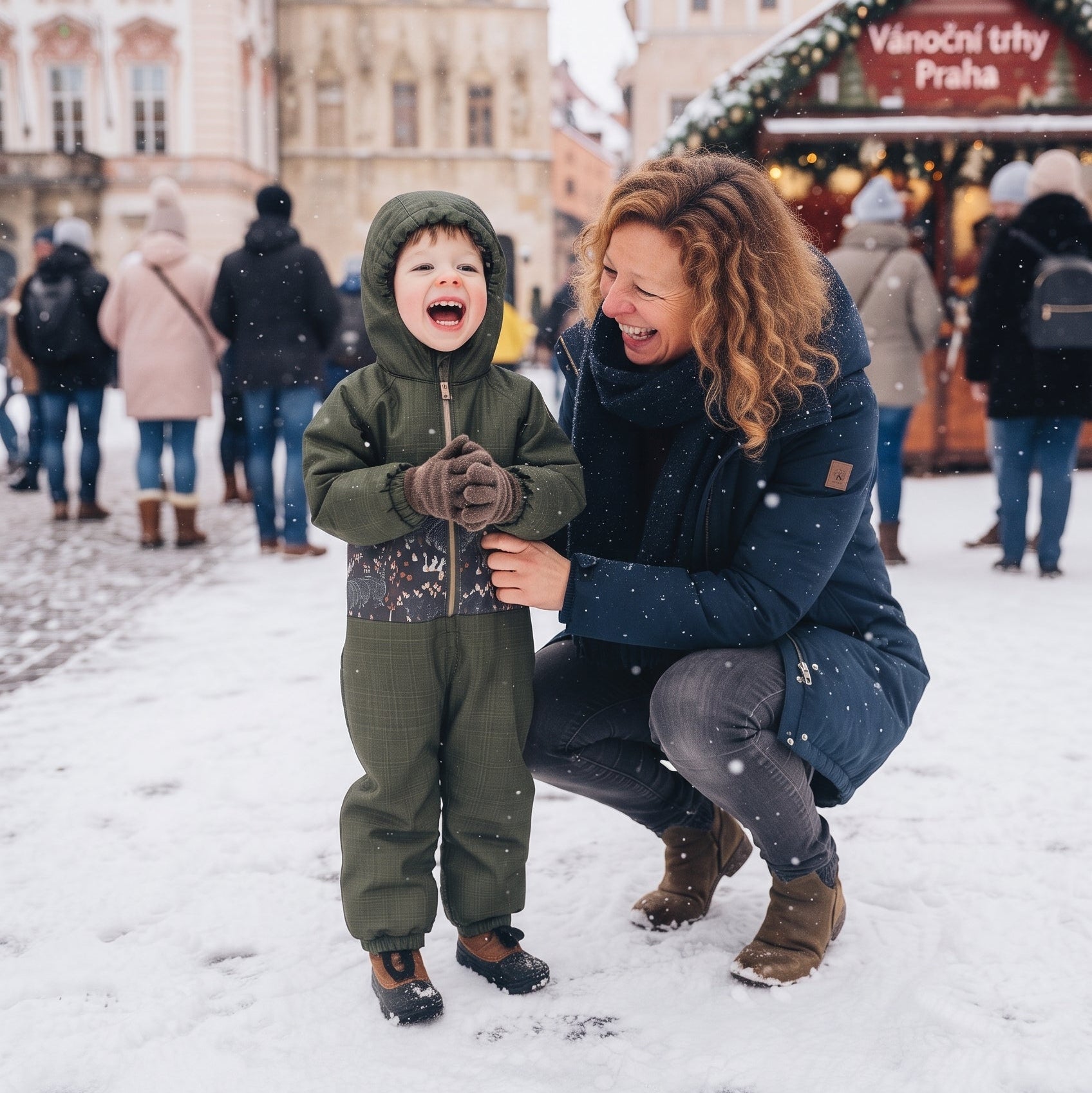 Monkey Mum® Gyerek téli softshell overál báránybéléssel - Khaki kis vadász medvével - méret 98/104, 110/116