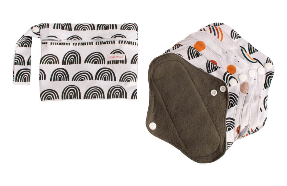 Cloth menstrual pads with snap fastener - set of 6 pcs - Black and White Rainbows
