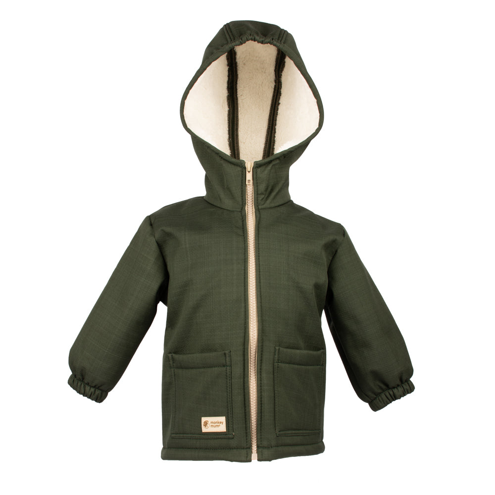Monkey Mum® gyerek téli softshell kabát báránybéléssel - Khaki vadászocska