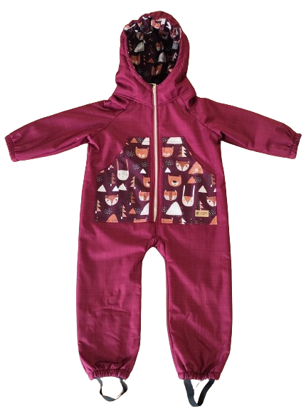 Monkey Mum® Dětská zimní softshellová kombinéza s beránkem - Vínová karkulka v lese - vel. 98/104, 110/116