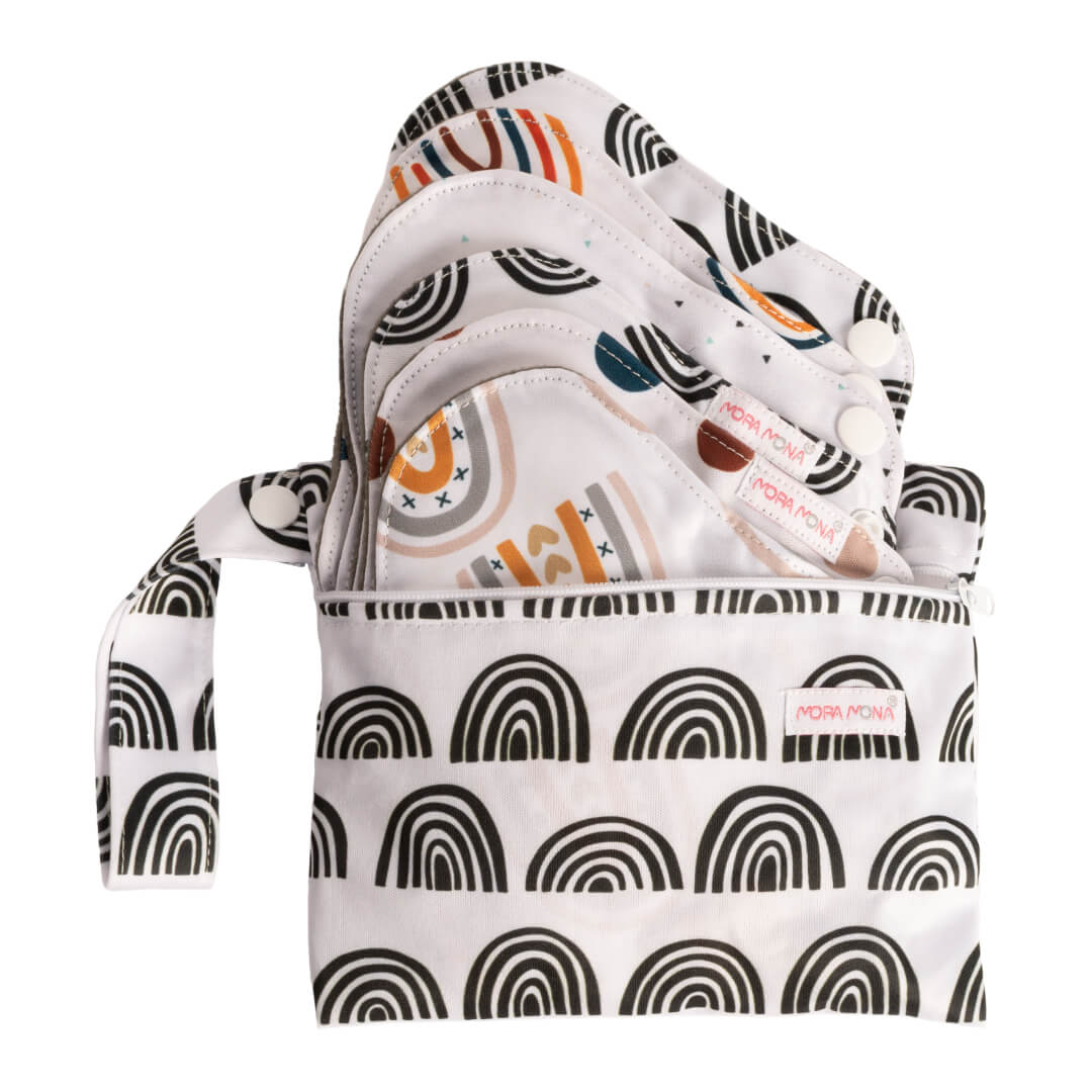 Cloth menstrual pads with snap fastener - set of 6 pcs - Black and White Rainbows