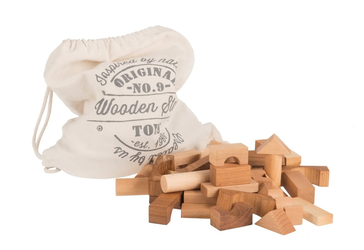 Wooden Story Kocka pamutzacskóban - 60 db - Natúr