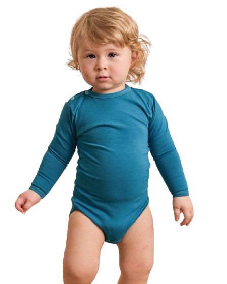 Babybody med lång ärm – mörk turkos – storlek 56 eller 68