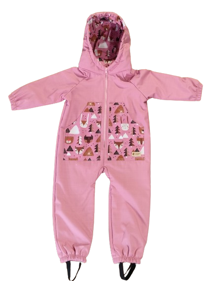 Monkey Mum® Gyerek téli softshell overál báránybéléssel - Rózsaszín bárány az erdőben - méret 98/104, 110/116
