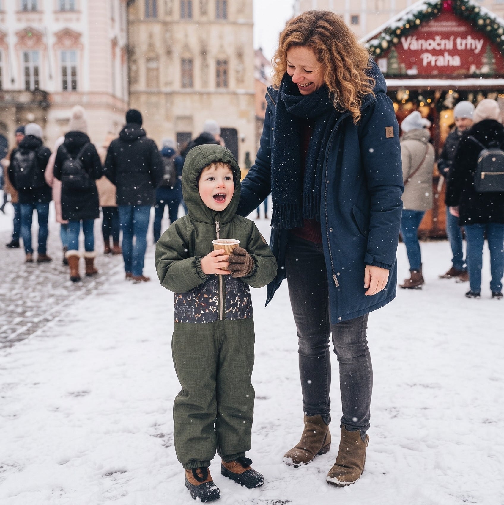 Monkey Mum® Gyerek téli softshell overál báránybéléssel - Khaki kis vadász medvével - méret 98/104, 110/116