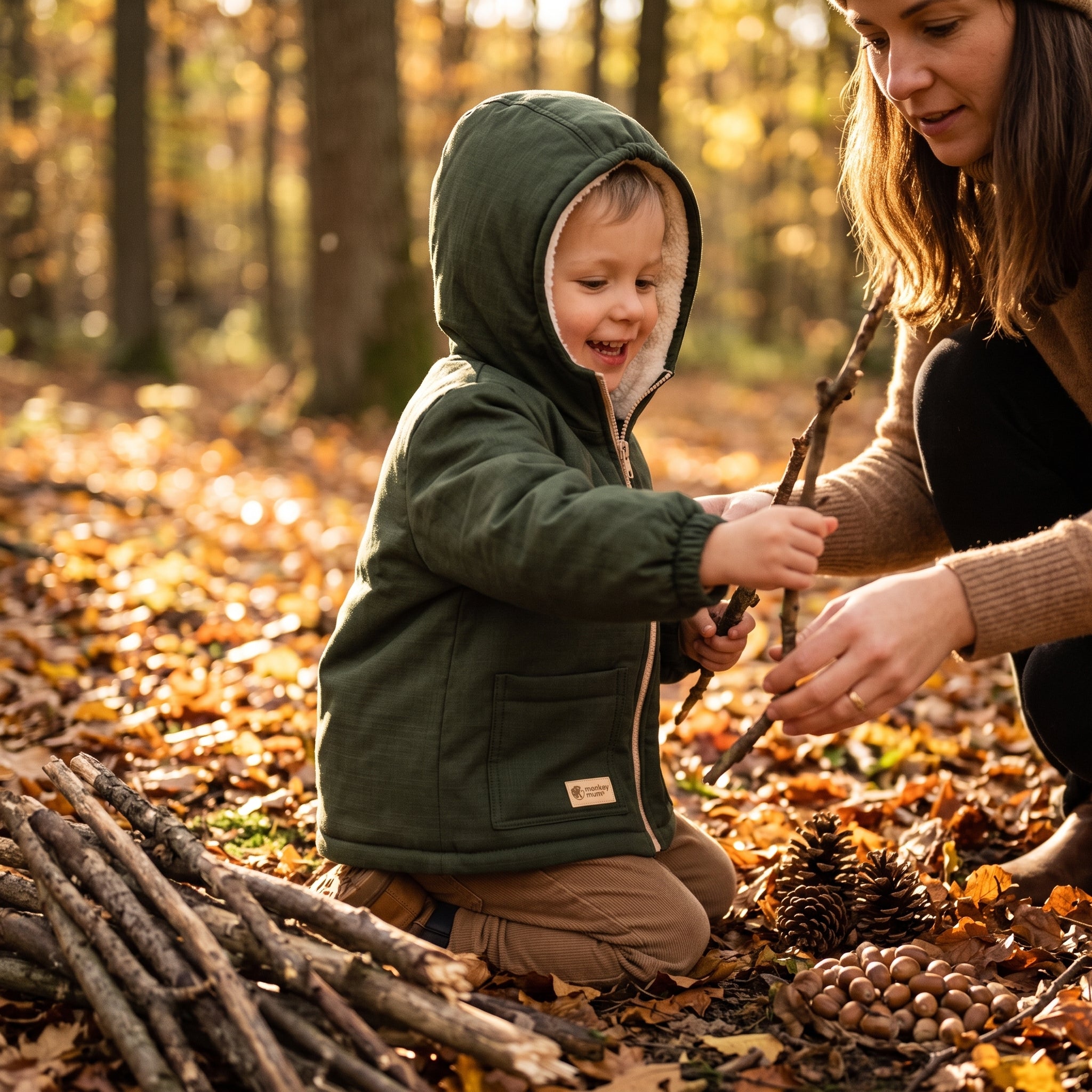 Monkey Mum® gyerek téli softshell kabát báránybéléssel - Khaki vadászocska
