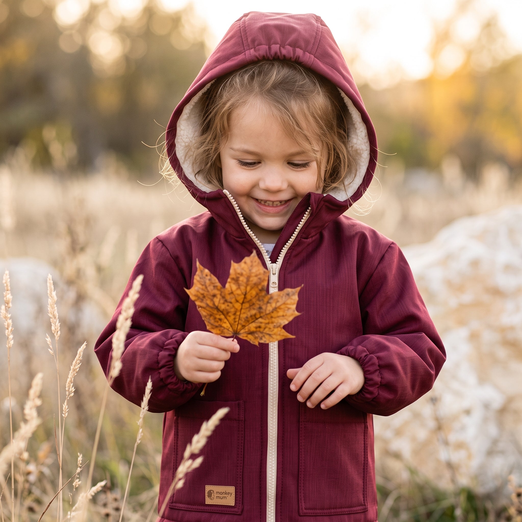 Gyerek téli softshell kabát báránybéléssel Monkey Mum® - Bordó Piroska