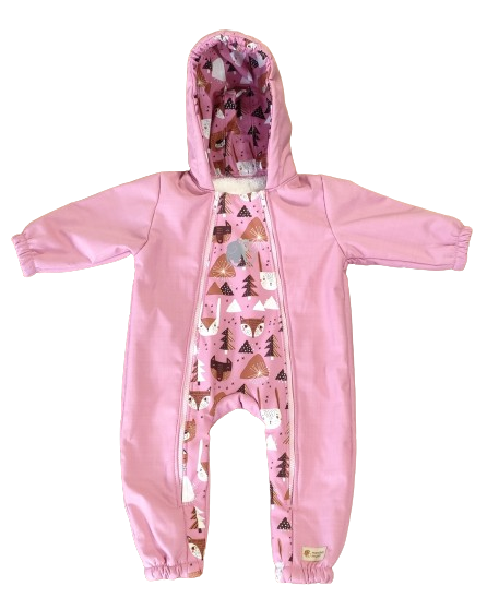 Monkey Mum® Children's winter softshell snowsuit with sherpa fleece - Pink sheep in the forest - size 62/68, 74/80